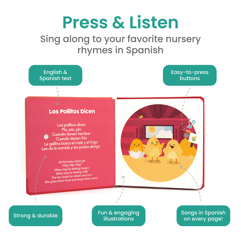  Binibi Libro musical español para bebés y niños pequeños 1-3  Los Pollitos Dicen y otras canciones infantiles, Aprendizaje de español  para niños, Libro infantil bilingüe, Libro de sonido