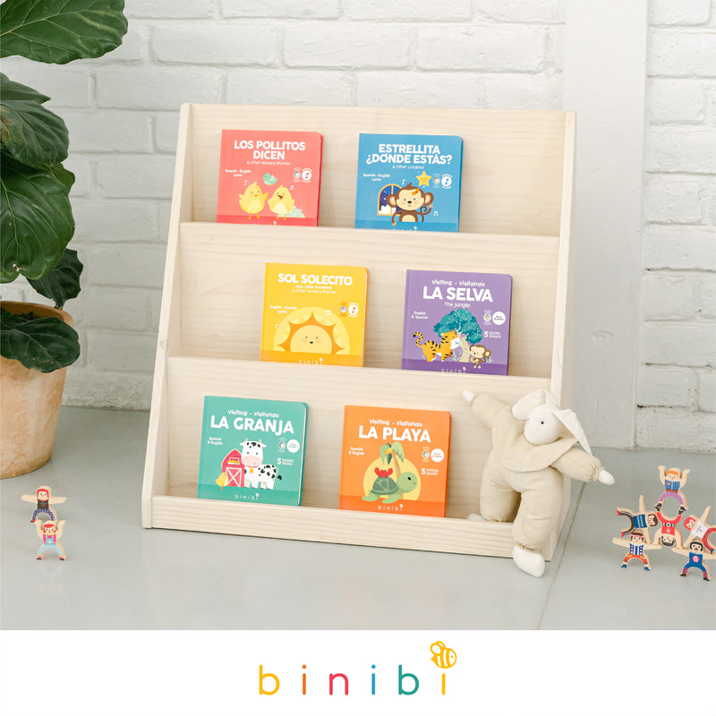 This ultimate collection of bilingual baby books includes both musical books (Los Pollitos Dicen, Estrellita ¿Dónde Estás?, Sol Solecito) and sound books (Visitando La Granja, Visitando La Selva, Visitando La Playa) to make Spanish learning for kids fun and easy!