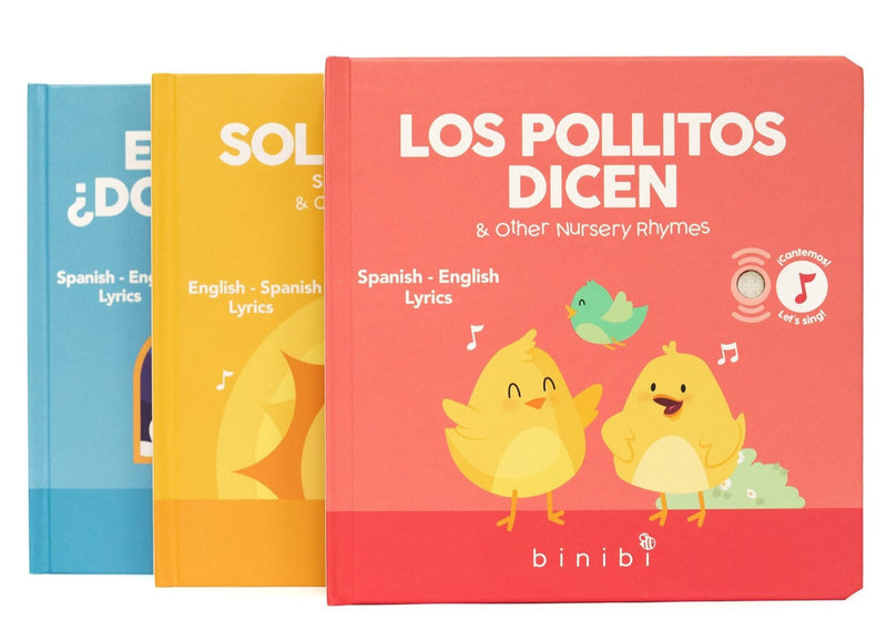 Interactive musical books for toddlers and babies, Los Pollitos Dicen & Other Nursery Rhymes, Estrellita ¿Dónde Estás? & Other Lullabies, and Sol Solecito & Other Nursery Rhymes. All books contain popular Spanish nursery rhymes for engaging and fun learning!
