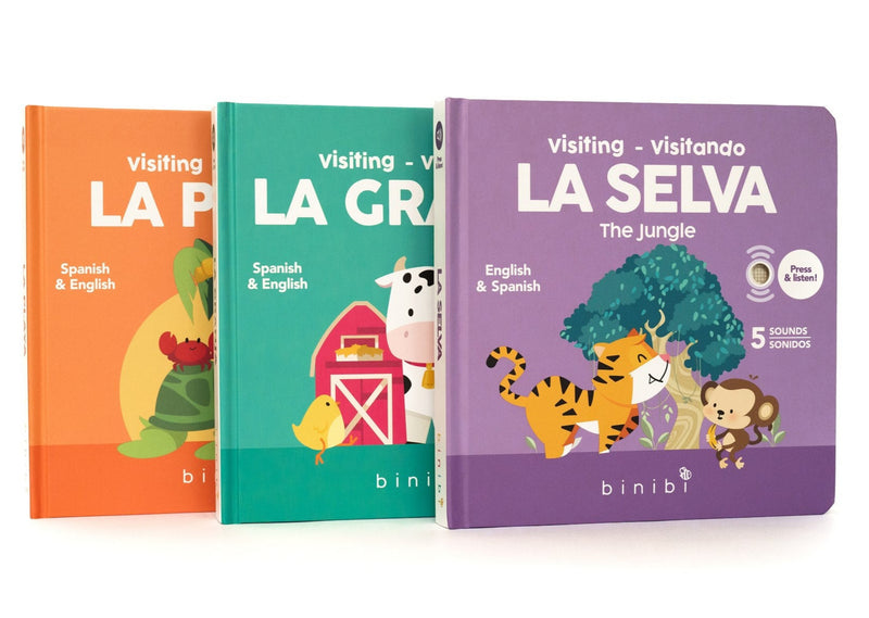Bilingual children's sound books, Visiting- Visitando La Selva, Visiting- Visitando La Granja and Visiting- Visitando La Playa 