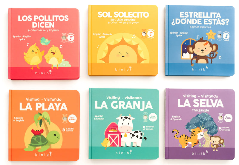 The ultimate sound book bundle features six bilingual books for kids: Los Pollitos Dicen & Other Nursery Rhymes, Sol Solecito & Other Nursery Rhymes, Estrellita ¿Dónde Estás? & Other Lullabies, Visiting- Visitando La Playa, Visiting- Visitando La Granja, and Visiting- Visitando La Selva